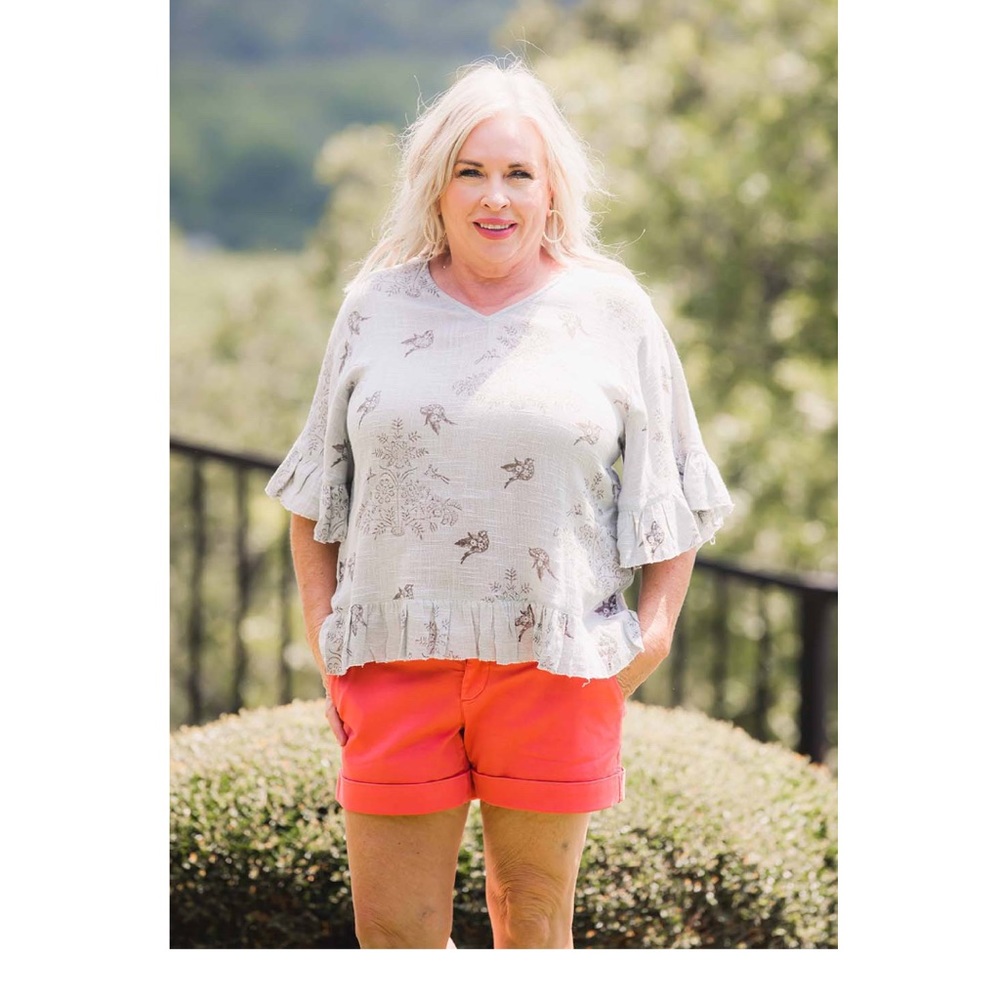 Ivy Jane Ruffled and Gauzy gray top Size XS